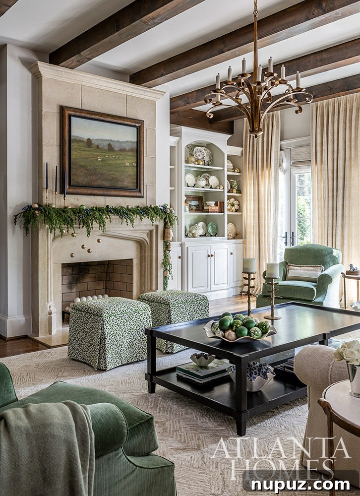 Festive Christmas mantel adorned with vibrant green garlands, stockings, and a blend of traditional and modern holiday decor elements.