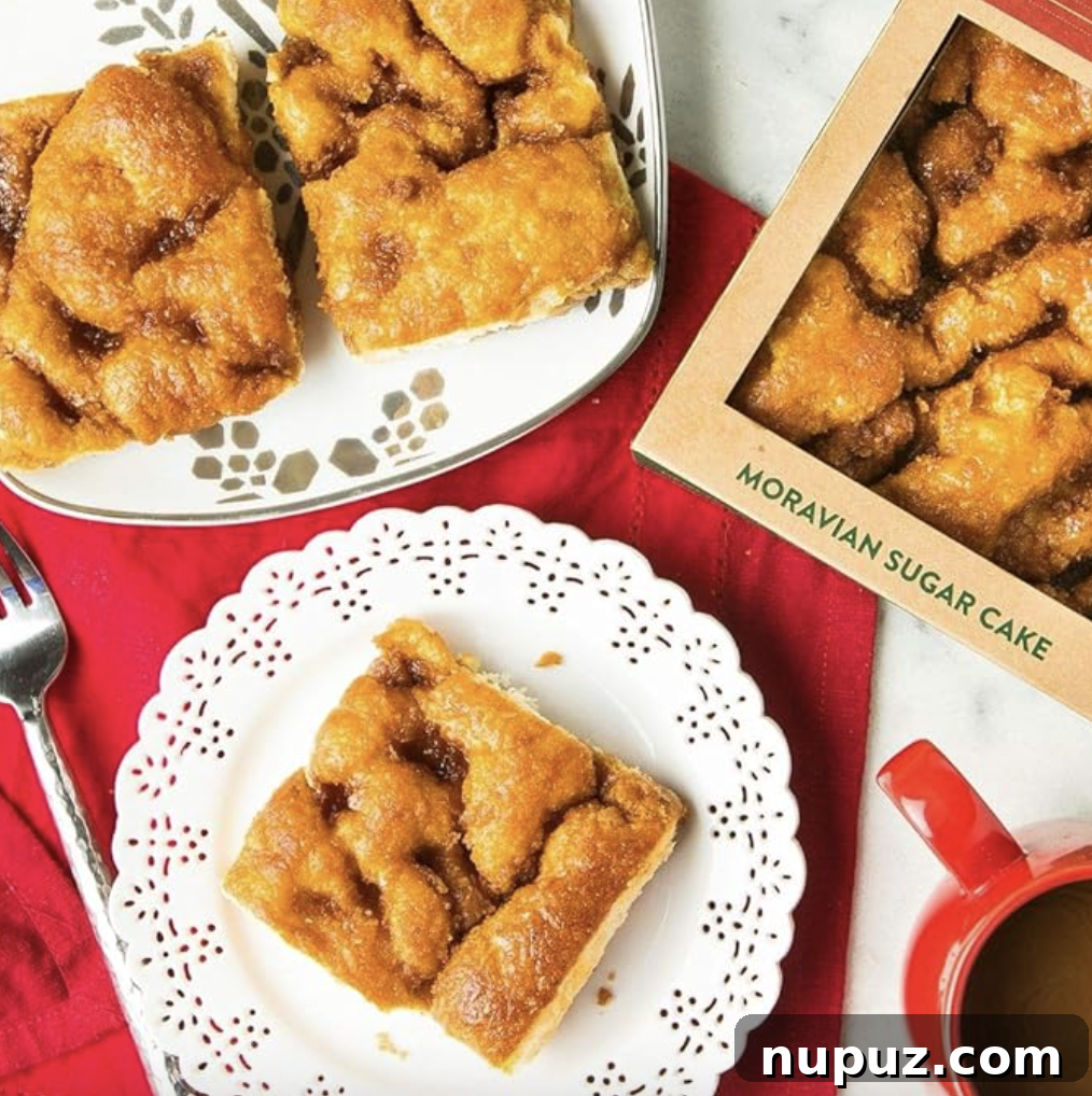 A child's hand reaching for a traditional Moravian Sugar Cake, symbolizing cherished Christmas morning treats and family traditions.