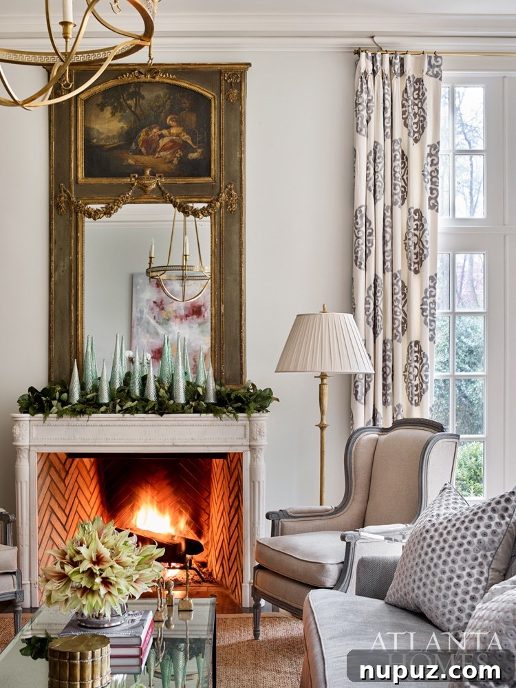 Cozy Christmas living room with a festive mantelpiece adorned with garlands, stockings, and candles, ideal for holiday inspiration.