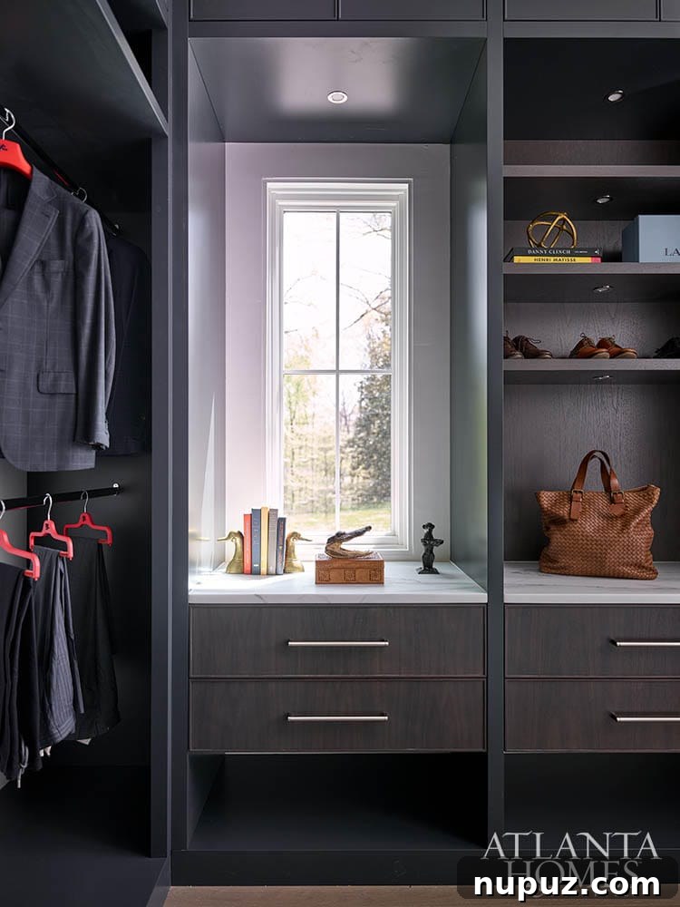 Modern, spacious closet with a central island and organized shelving units