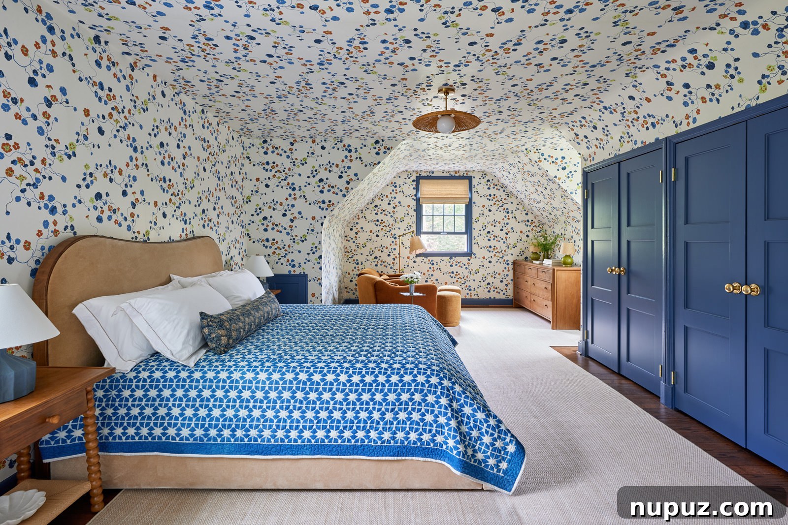 Inspiring Interiors: Designs That Breathe Freshness 11 An exquisitely detailed bedroom or guest room by Jennifer Hunter Design, featuring patterned wallpaper, classic furniture, and coordinated textiles for a cohesive look. Photo by Kirsten R Francis, styling by Frances Finds.