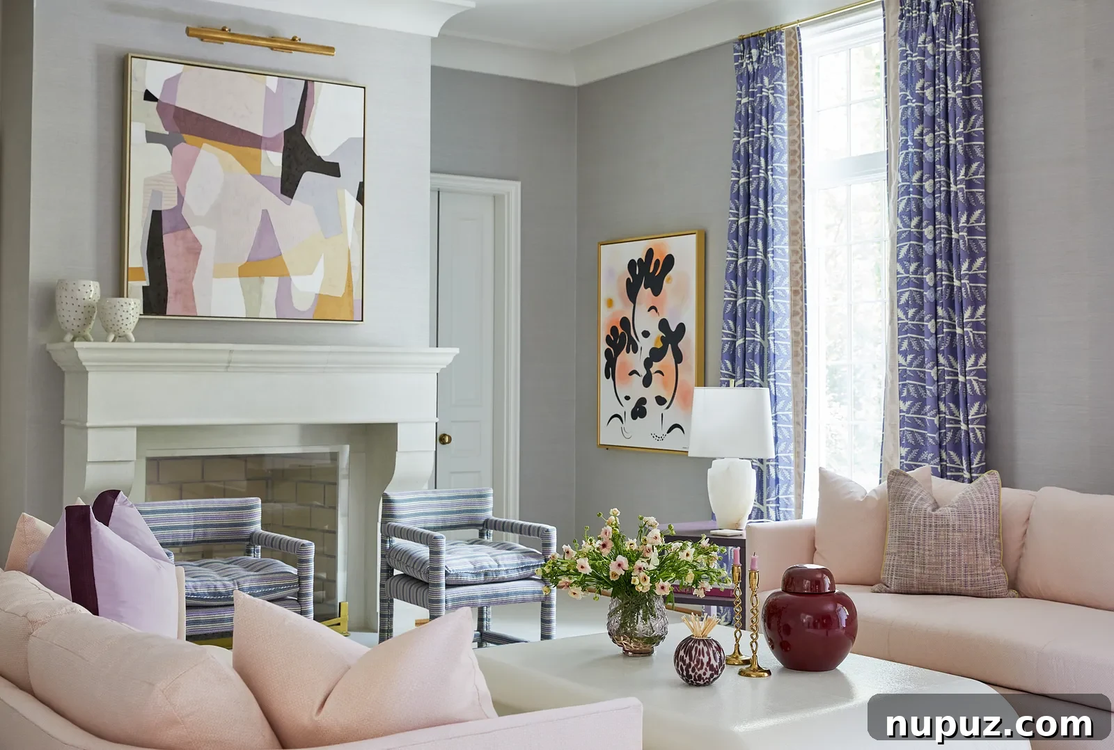 Contemporary living area featuring a sleek brass Visual Comfort library light, a signature look by Georgia Street Design, captured by Brie Williams.