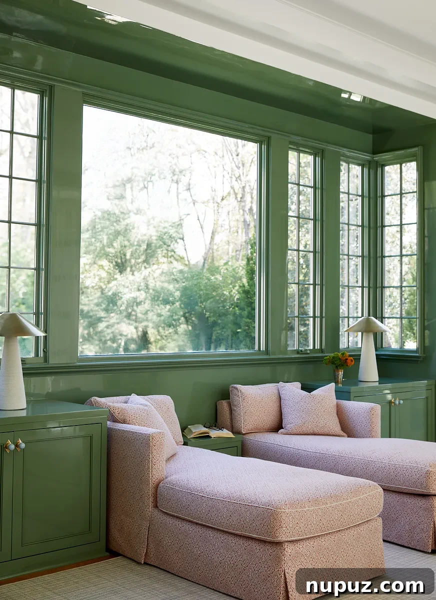 Bold, color-drenched green room featuring two elegant pink chaise lounges, a unique design by Georgia Street Design, photographed by Brie Williams.
