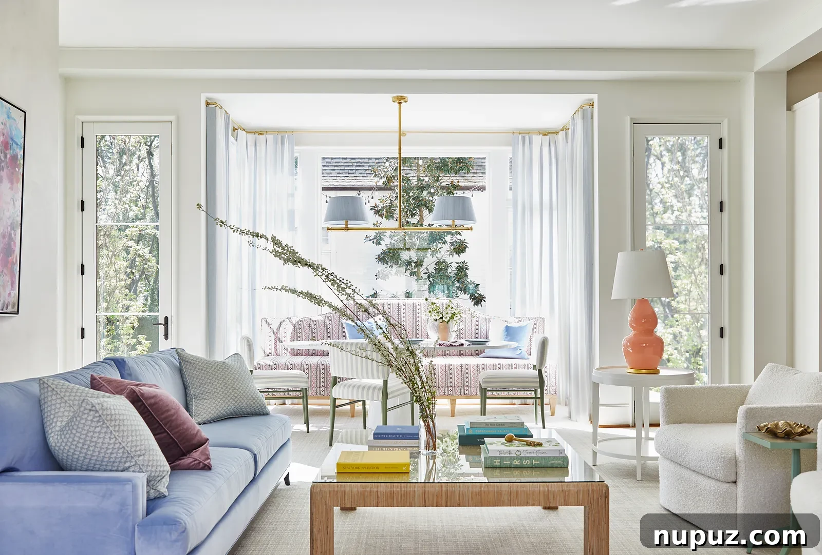Serene blue and white living space showcasing thoughtful design, captured by Brie Williams Photography.