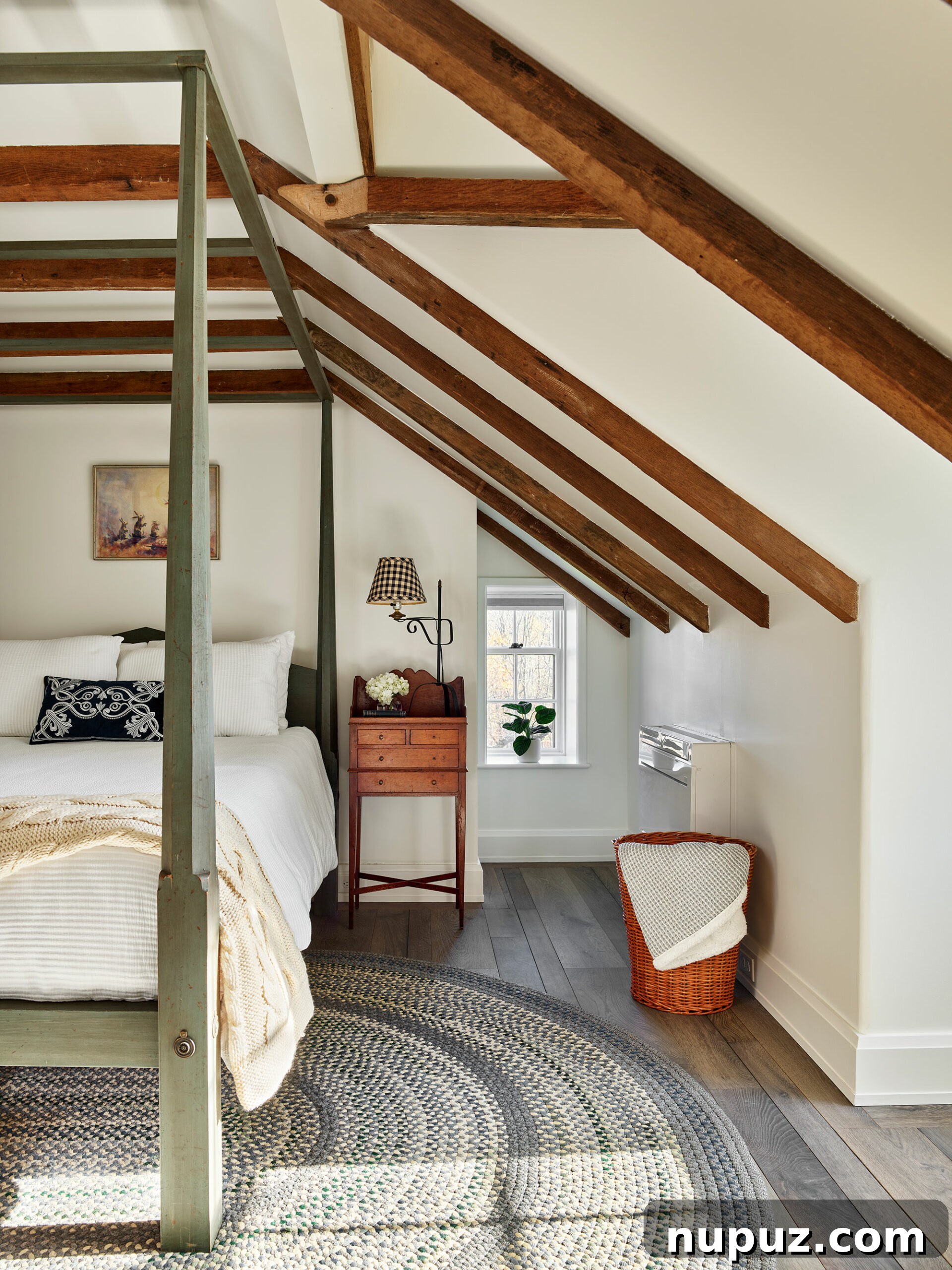 Fresh Interior Aesthetics for 2026 13 Beautiful bedroom with a four-poster bed and rustic wood beams, embodying serenity.