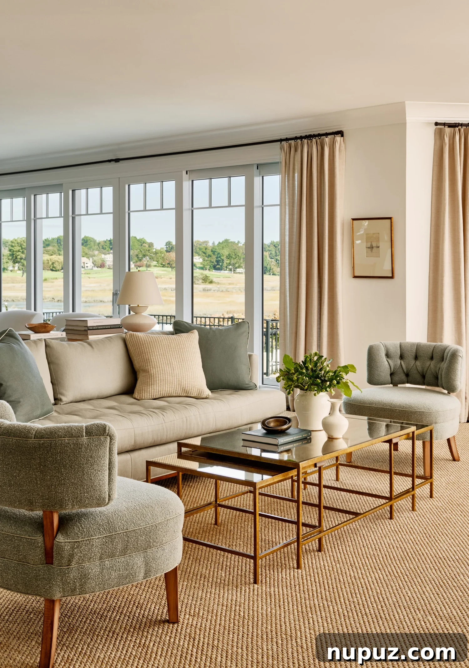Blue and white living room with a chic glass and brass coffee table, reflecting light.