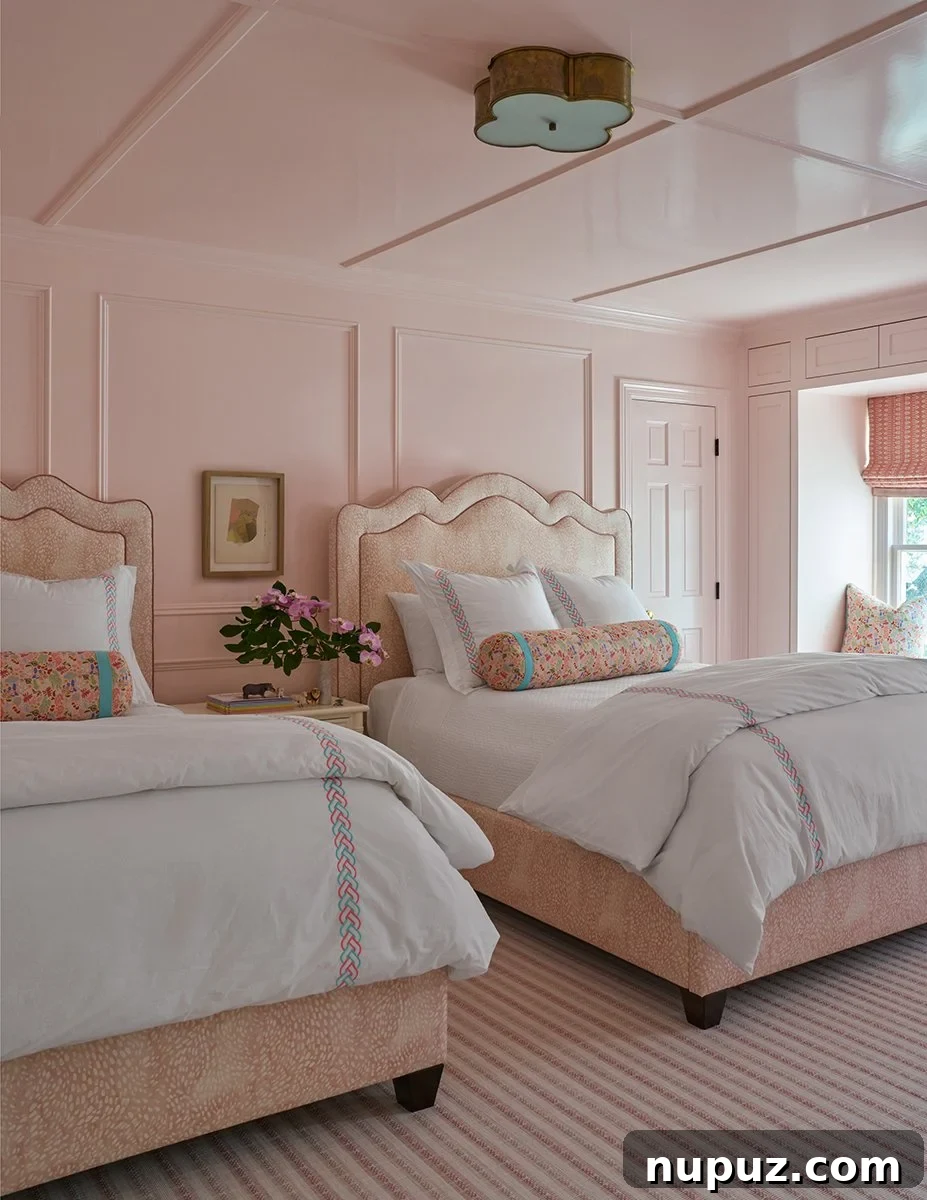 A charming pink bedroom showcasing color drenching techniques and featuring a stylish Visual Comfort flush mount light. The room is thoughtfully detailed with personal touches, creating an inviting guest room atmosphere with a pair of double beds, embodying classic and livable design.