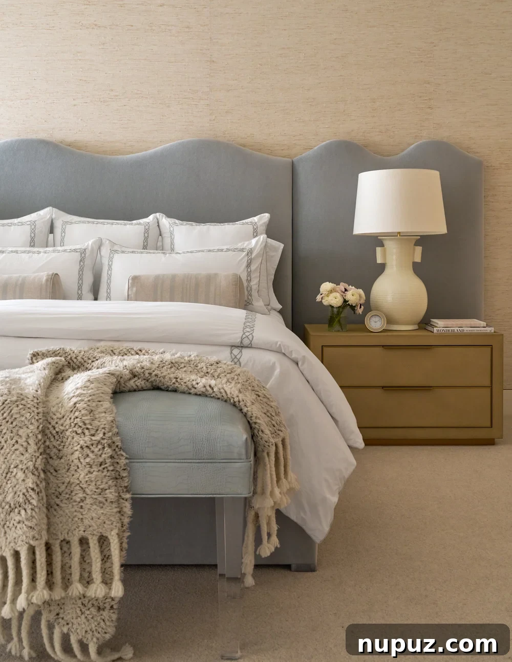 A beautifully layered bedroom featuring a neutral color palette and soft bedding, expertly lit by understated lighting fixtures that enhance its serene and inviting atmosphere. A perfect example of timeless bedroom design.