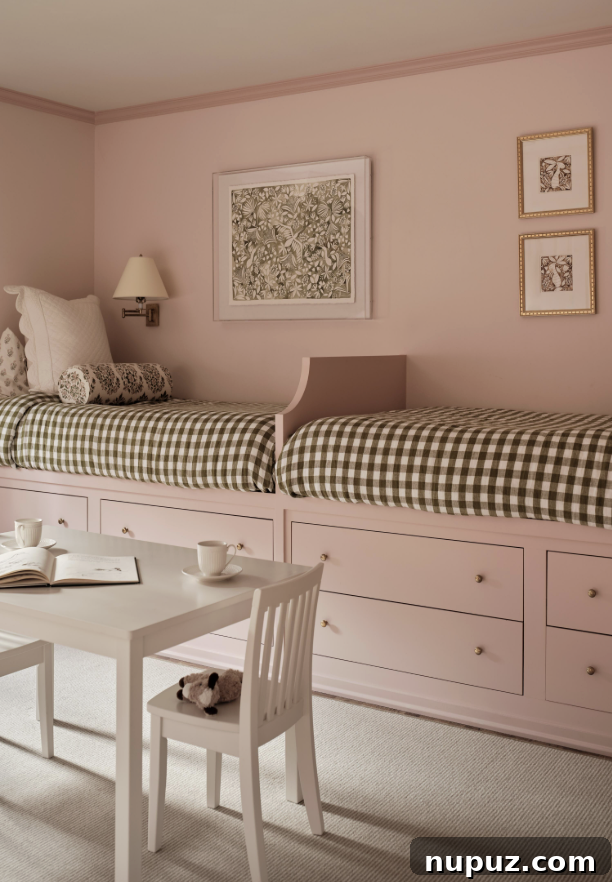 A charming pink bedroom with built-in beds brings an unexpected delight to this Nashville home by Sabbe Interior Design. Photography by Joseph G. Bradshaw.