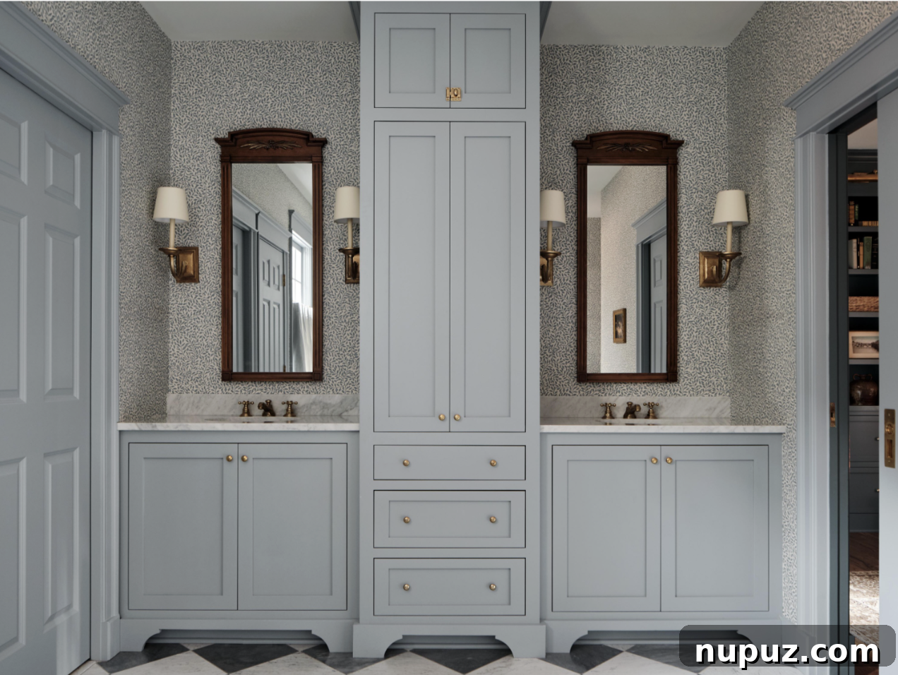 Another view of the serene primary bath by Sabbe Interior Design, showcasing chic floors and stylish wallpaper. Photography by Joseph G. Bradshaw.
