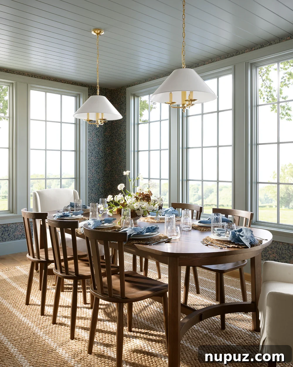 Oval dining table in a neutral-toned dining room, emphasizing natural light and subtle textures in a Studio McGee interior.