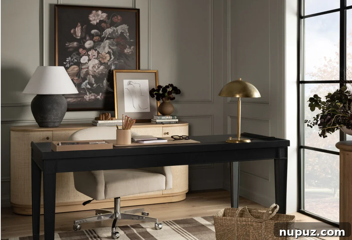 Neutral Reimagined: Beyond White 6 Home office featuring a black desk, brass lamp, and warm neutral walls, creating a sophisticated work space by Studio McGee.