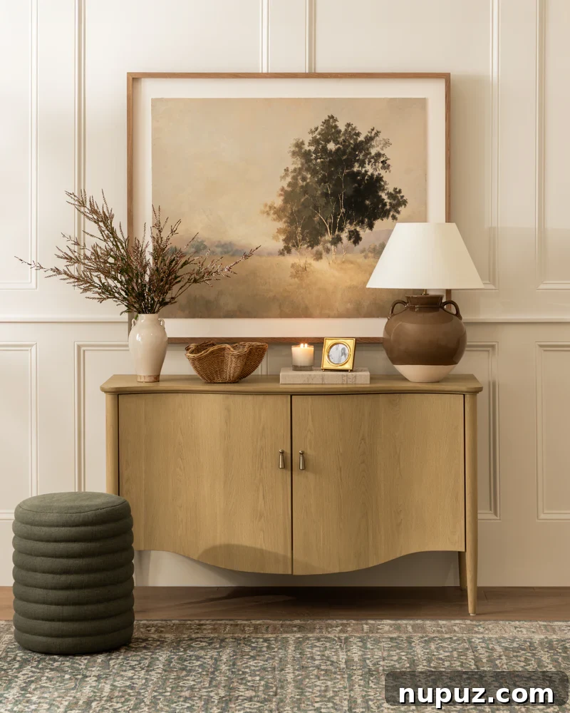 Neutral Reimagined: Beyond White 8 Foyer showcasing a blonde wood chest against warm neutral walls, highlighting natural materials in a Studio McGee design.