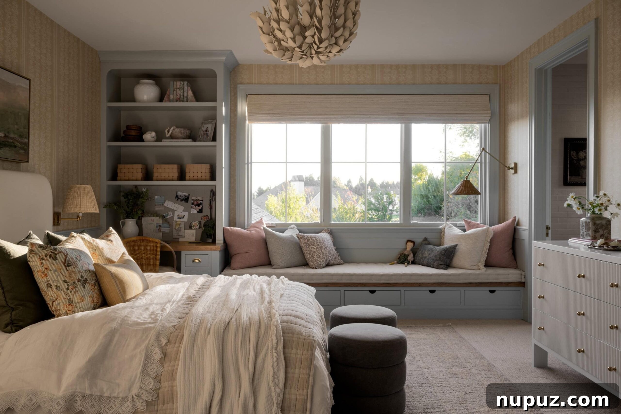 Neutral Reimagined: Beyond White 10 Beautiful bedroom with patterned wallpaper and a blue bookcase, integrated within a warm neutral interior scheme by Studio McGee.