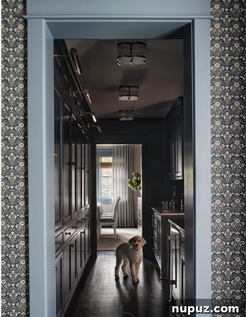 A beautiful butler's pantry by Sabbe Interior Design, offering elegant storage solutions and even puppy approved space, photographed by Joseph Bradshaw. This functional area blends utility with refined design.