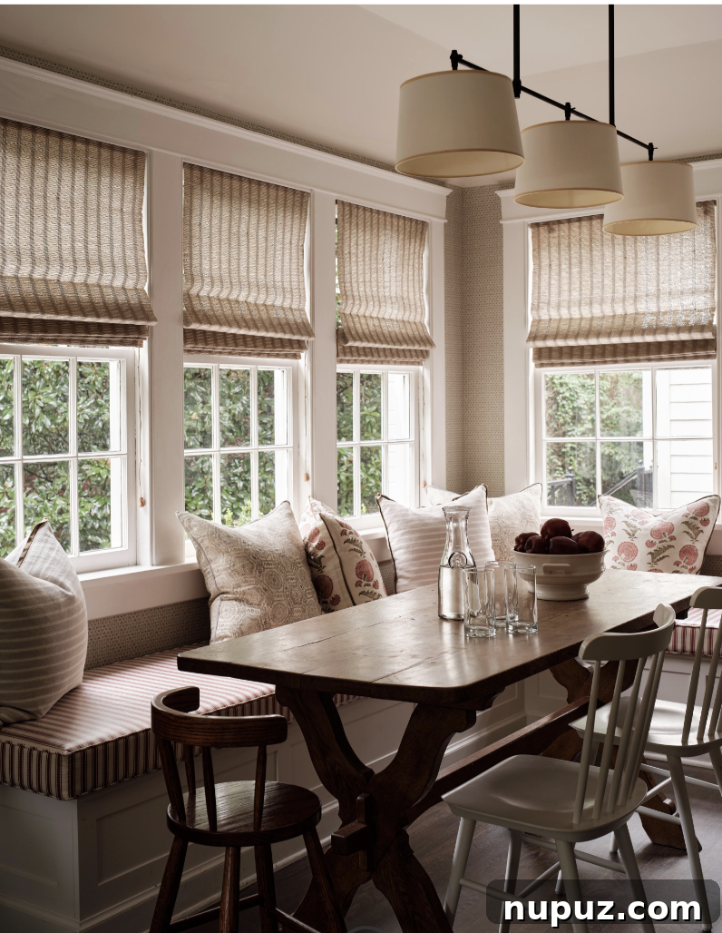 A charming breakfast room featuring a comfortable banquette, designed by Sabbe Interior Design and captured by Joseph Bradshaw. This cozy corner is perfect for an intentional start to the day.