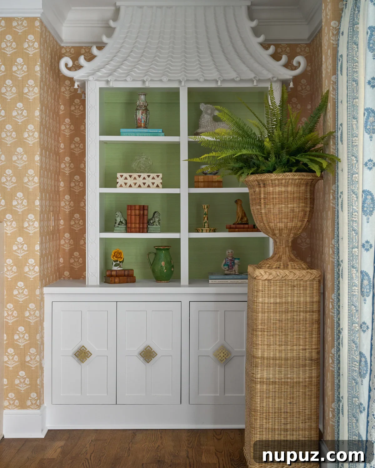 Crafting Your Sanctuary: Inspiring Home Interior Designs 5 Detailed view of a living space with decorative wicker urns, a stylish plant stand, and a patterned wallpaper adding texture and charm