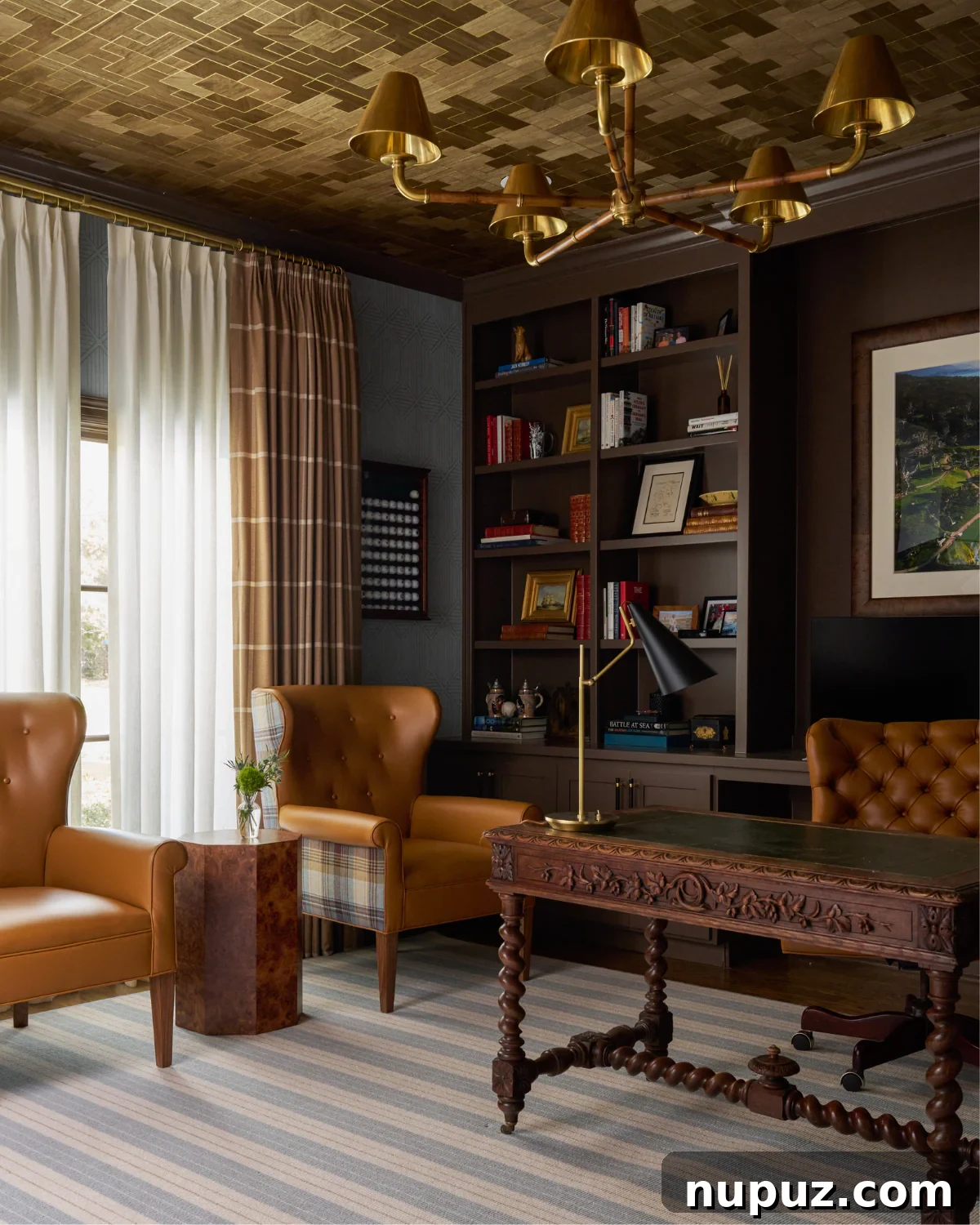 Crafting Your Sanctuary: Inspiring Home Interior Designs 8 Cozy home library or office featuring an interesting ceiling wallpaper, adding a unique design element to the space
