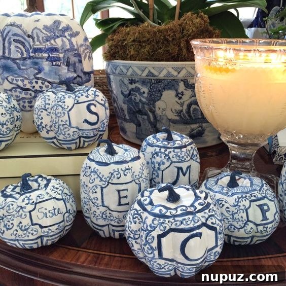 The Enchanted Home's Blue and White Spell 7 Blue and white chinoiserie pumpkin vignette on a hallway chest