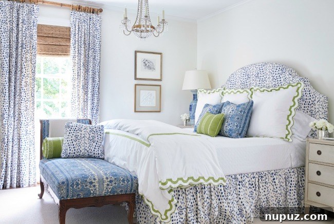 A blue and white bedroom featuring a luxurious chaise lounge at the foot of the bed, designed by Sarah Bartholomew for comfort and style.