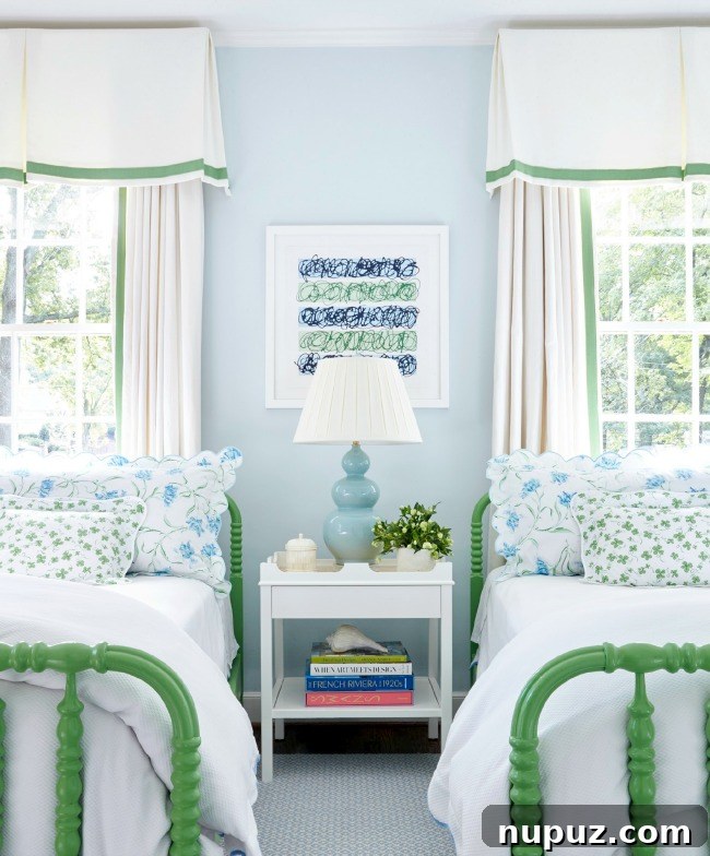 Sarah Bartholomew's bedroom, elegantly combining shades of green and blue, creating a serene and cohesive design.