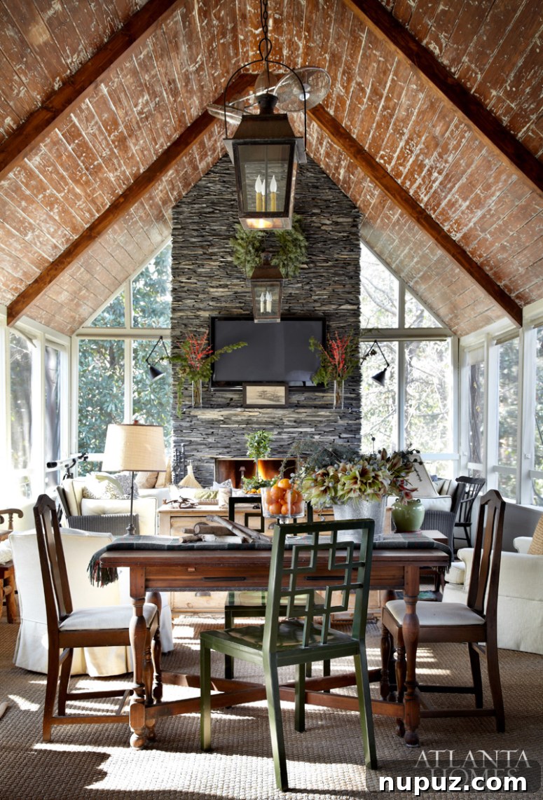 A formal dining room exquisitely set for a Christmas dinner, featuring a festive centerpiece, elegant place settings, and holiday wall art.