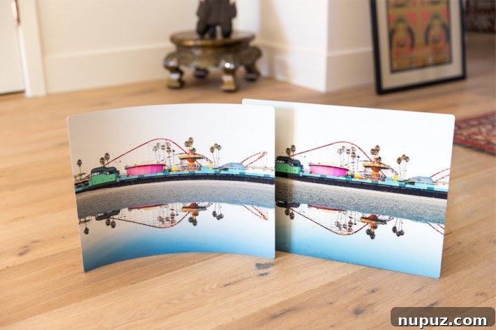 A modern metal art print by Mixbook, showcasing durability and sleek design for offices, kitchens, and bathrooms