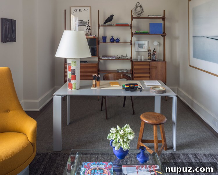 Timothy Brown Studio: Elevated Aesthetics 3 Elegant living area with a white sofa, abstract art, and warm lighting by Timothy Brown Studio