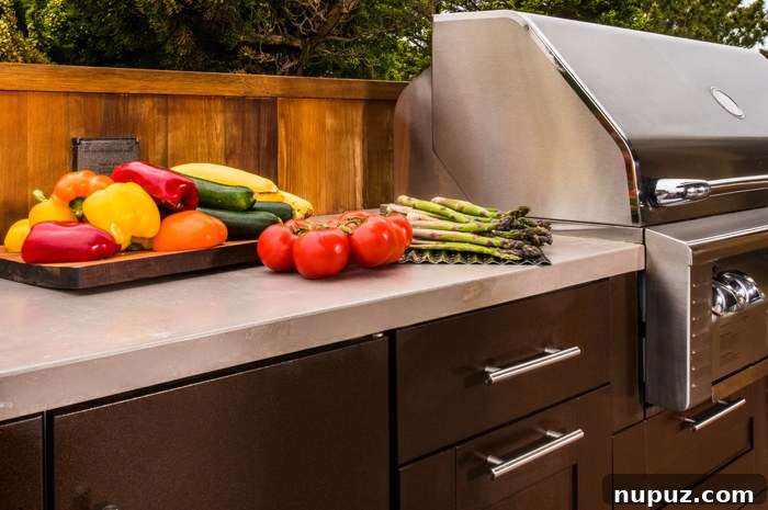 Sleek outdoor kitchen setup with dark cabinets, a grill, and a refrigerator