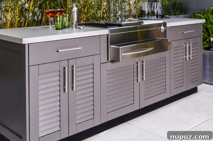 Vibrant outdoor party scene around a functional outdoor kitchen with a pizza oven