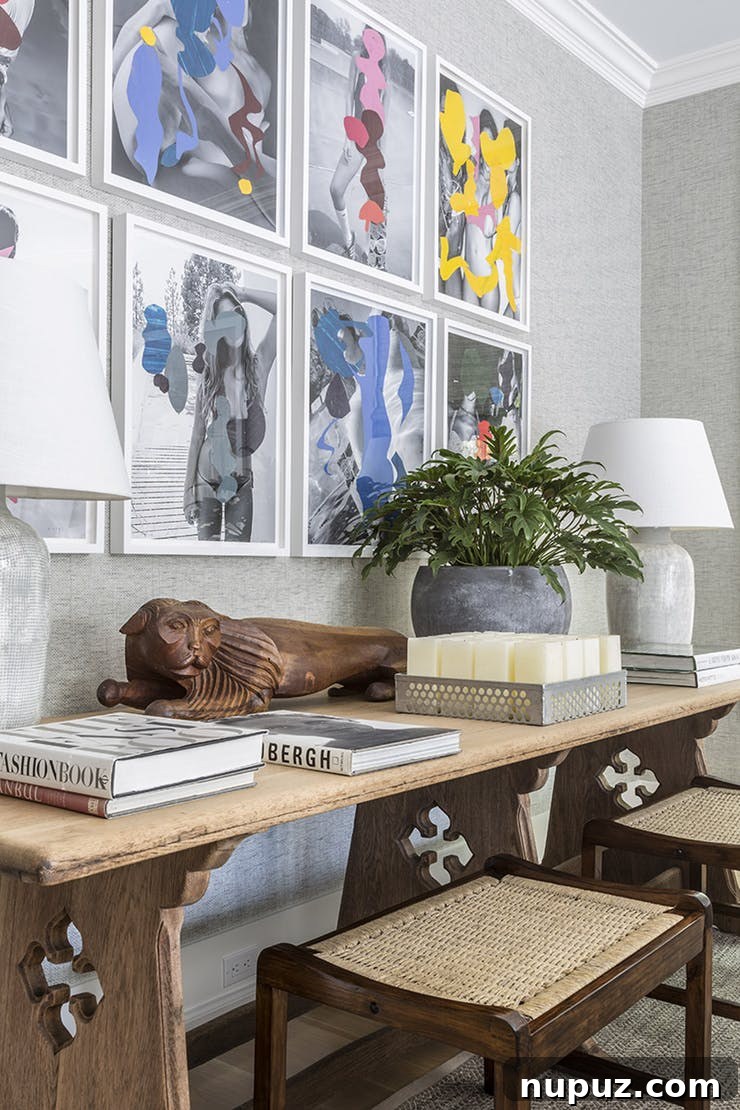 Living room featuring classic architecture, a grand piano, and modern art, creating an unexpected blend of styles.