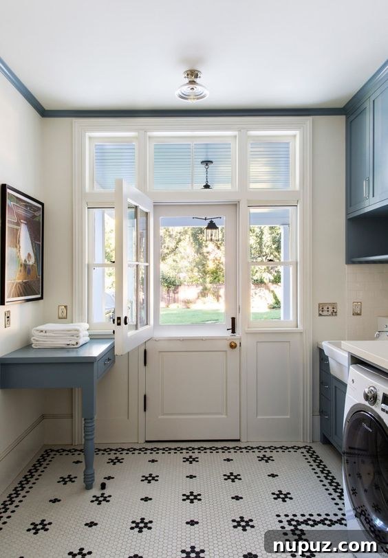 stylish laundry room featuring classic black and white checkered tile, offering a modern yet timeless aesthetic