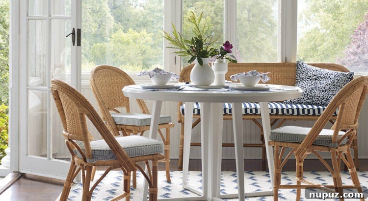 A Rockport Home Reimagined 2 Elegant dining room with natural light and coastal decor, featuring a large wooden table and stylish chairs.