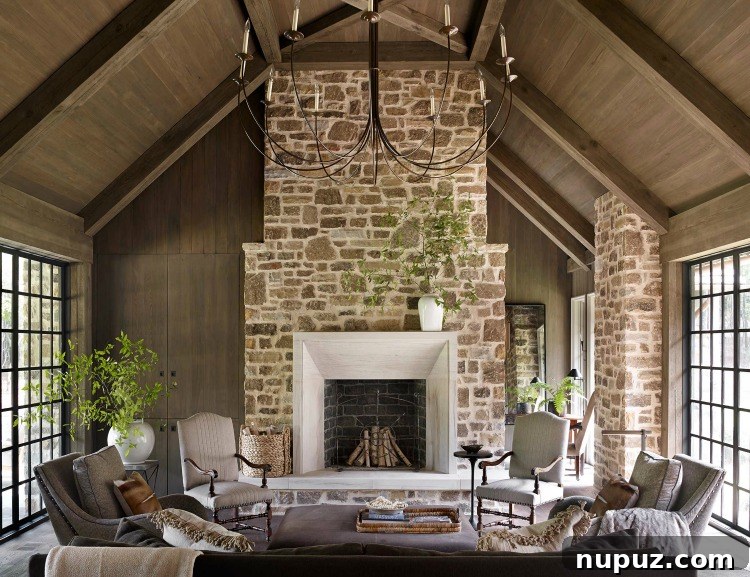 Intricate wooden ceiling beams and a striking fireplace as architectural focal points in a Jeffrey Dungan design