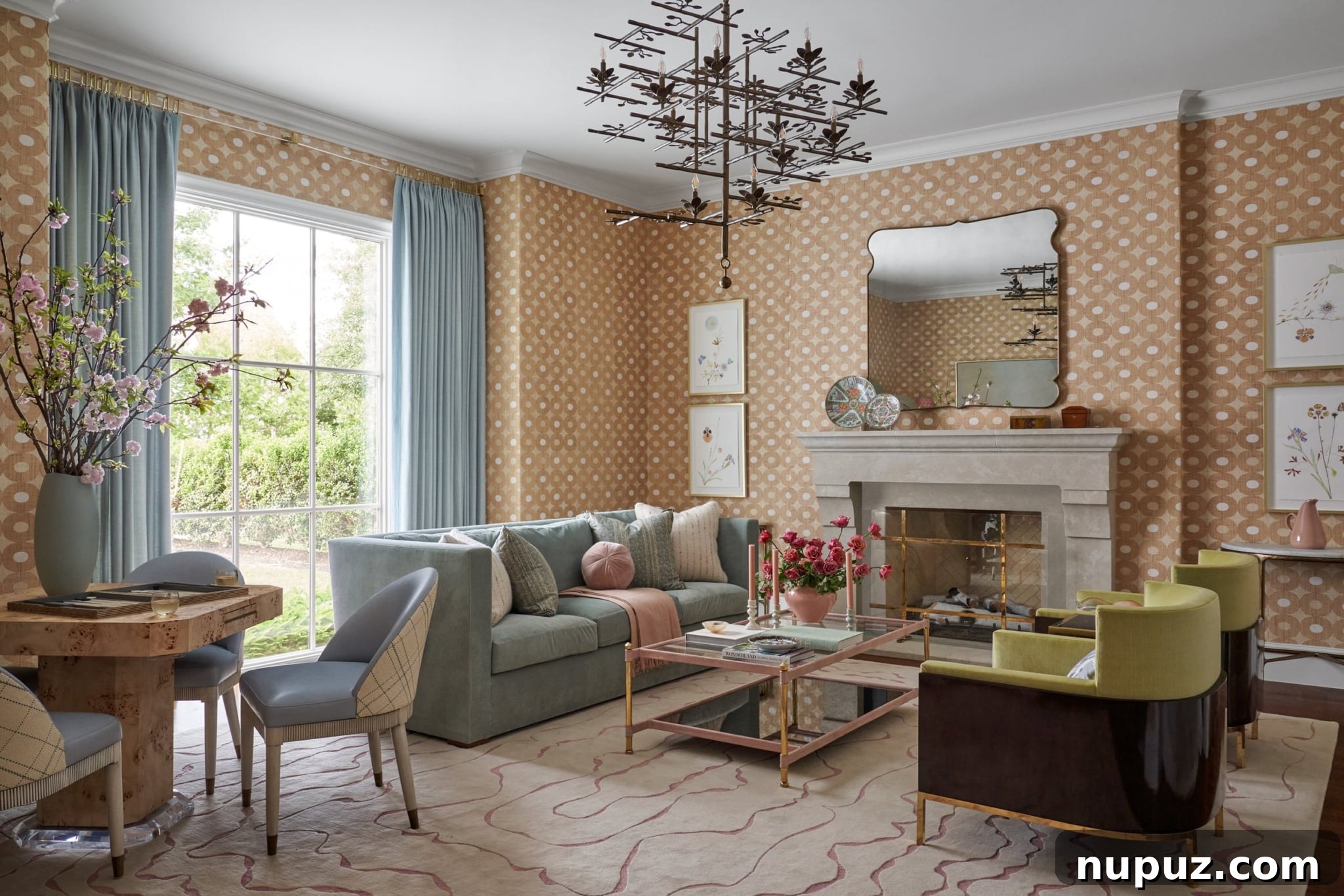 House Tour: Inside Mary Beth Wagner's Elegantly Designed Spaces 2 A beautifully designed living room in Dallas by Mary Beth Wagner Interiors, featuring tailored seating, elegant wallpaper, and a refined color palette that blends contemporary and traditional elements.