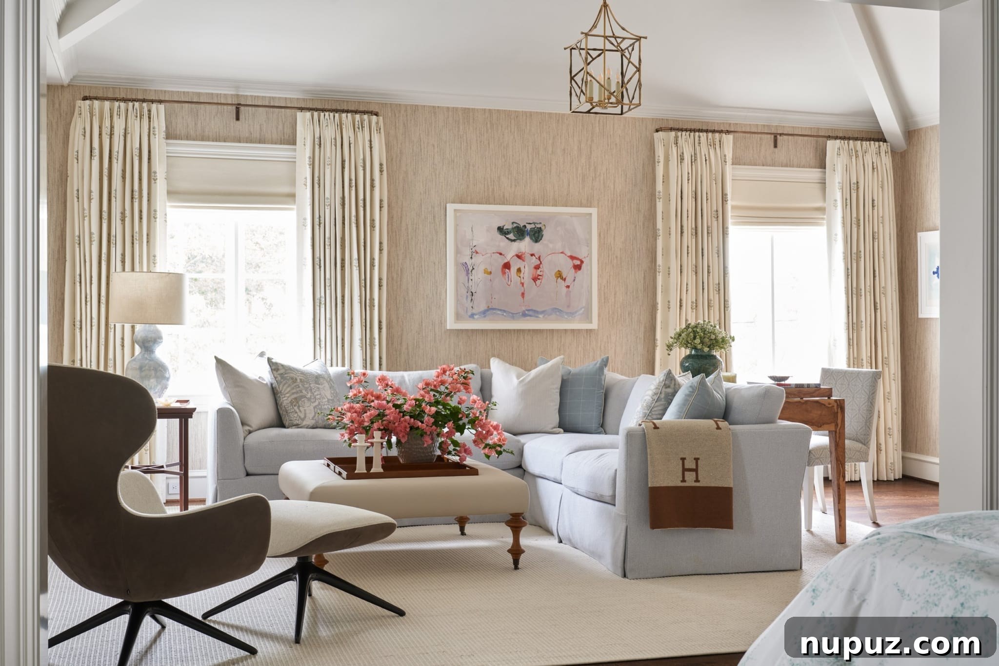 Mary Beth Wagner's Home A Masterclass in Personal Style 3 Serene primary bedroom in Potomac Houston residence with soft blue decor.