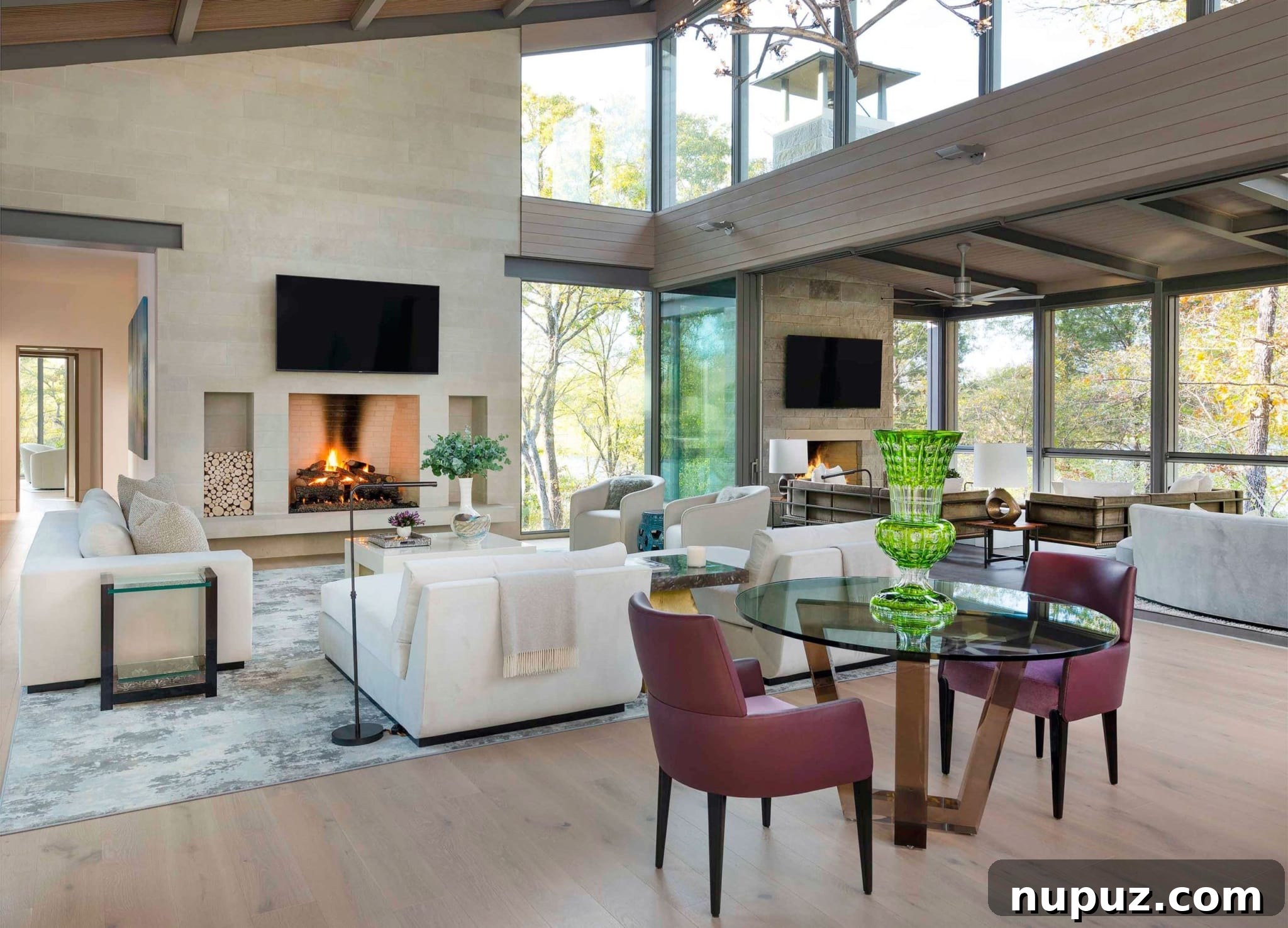 East Texas Glass House: A Modern Architectural Marvel 7 Contemporary kitchen and dining area in the glass house, featuring minimalist design, high-end appliances, and large windows providing natural light and views.