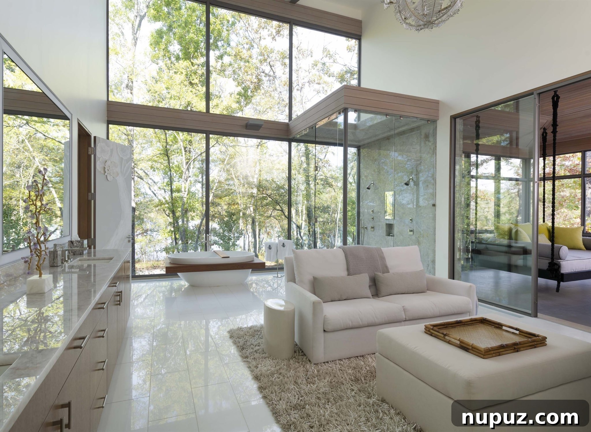 East Texas Glass House: A Modern Architectural Marvel 9 View from the crow's nest, showing a wide panoramic vista of the East Texas forest and lake from a high elevation, emphasizing the unique perspective.