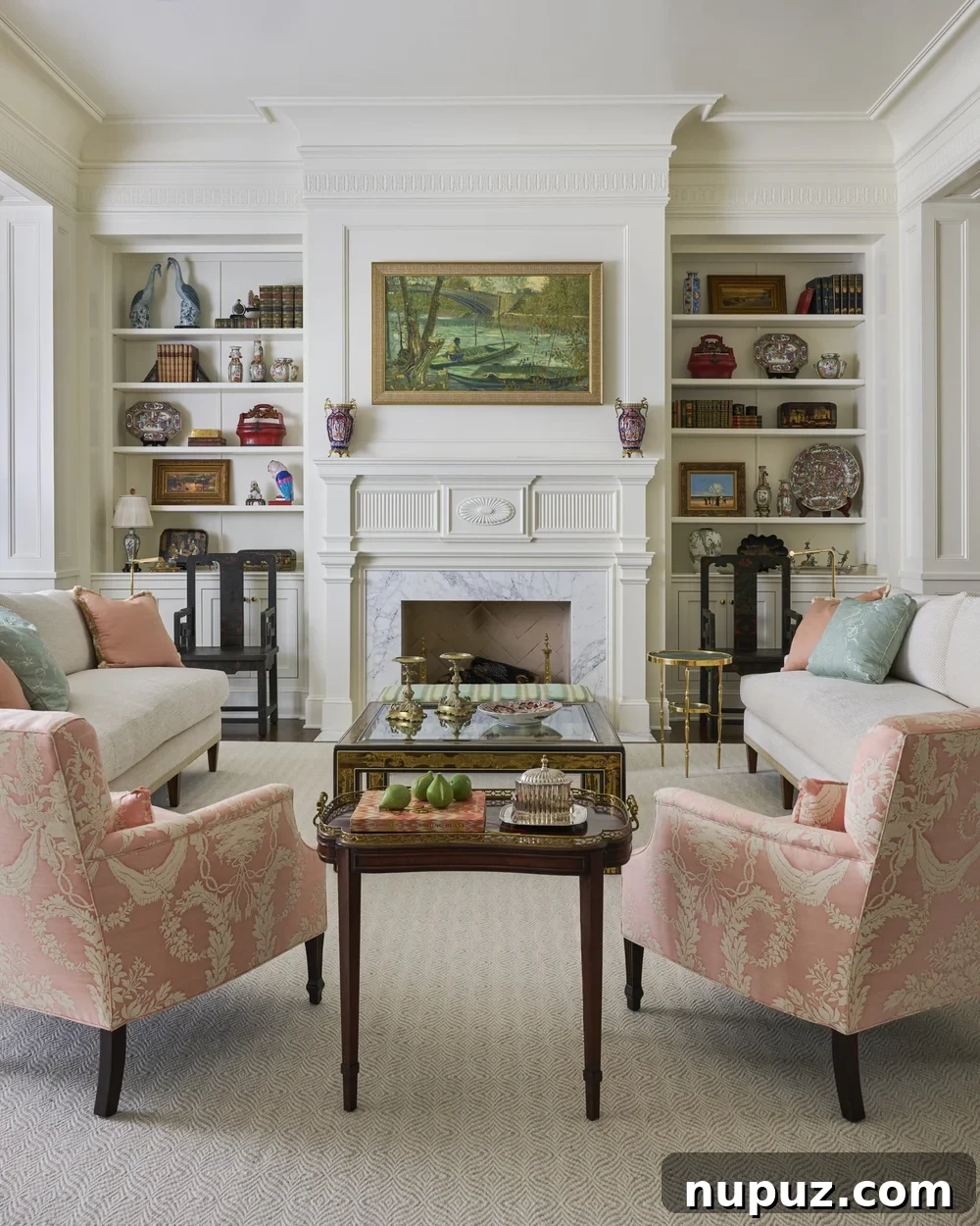 Sophisticated living room featuring a pair of classic sofas and chairs, exemplifying balanced scale in design.