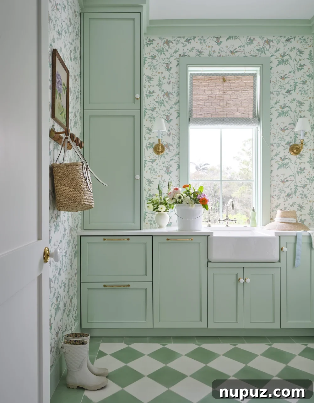 Vibrant green and white wallpaper and matching tiles in a cheerful laundry room, showcasing subtle trend integration.