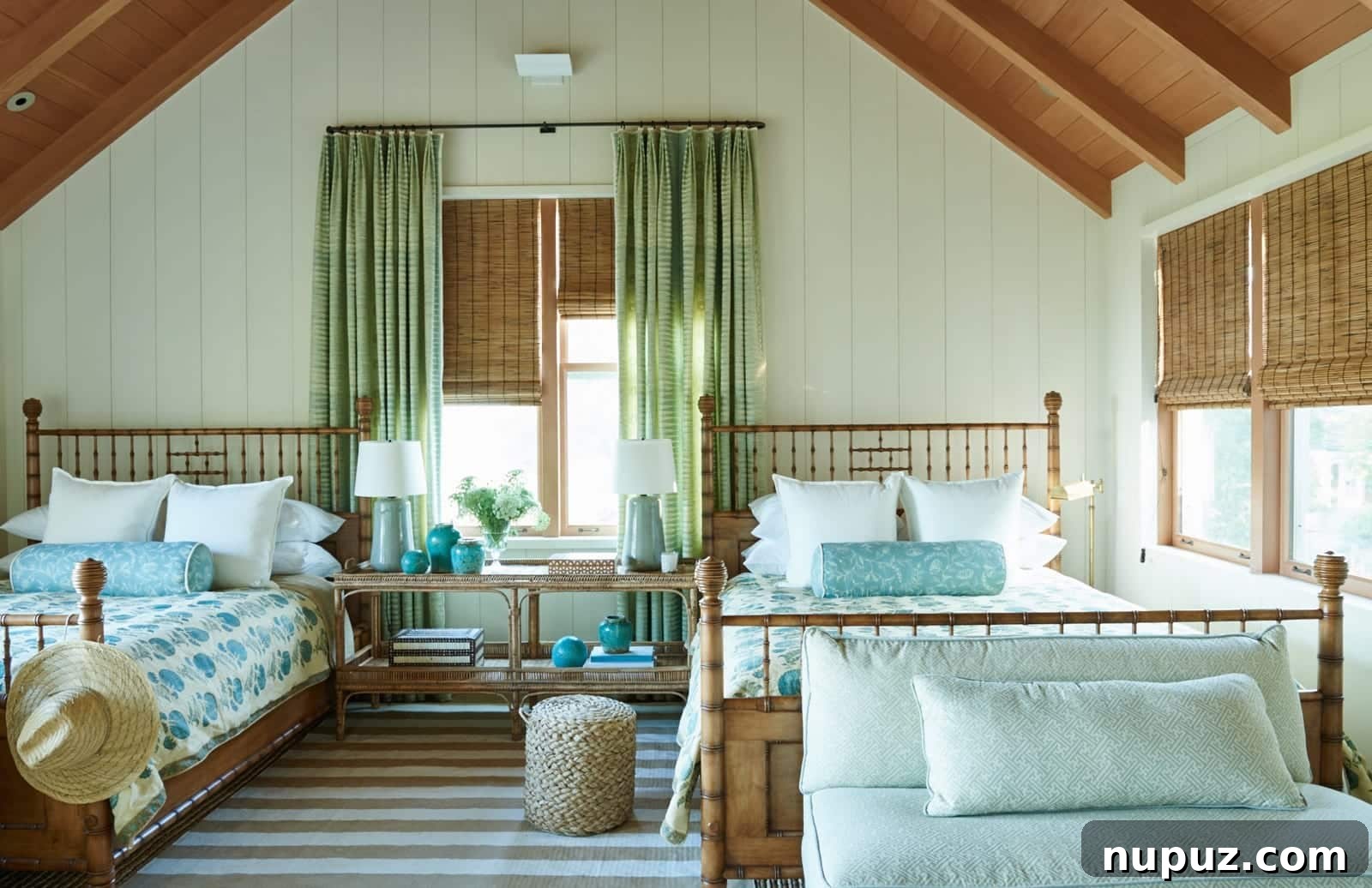 Serene bedroom with bamboo beds and a stained cathedral ceiling, creating a memorable and personalized space.
