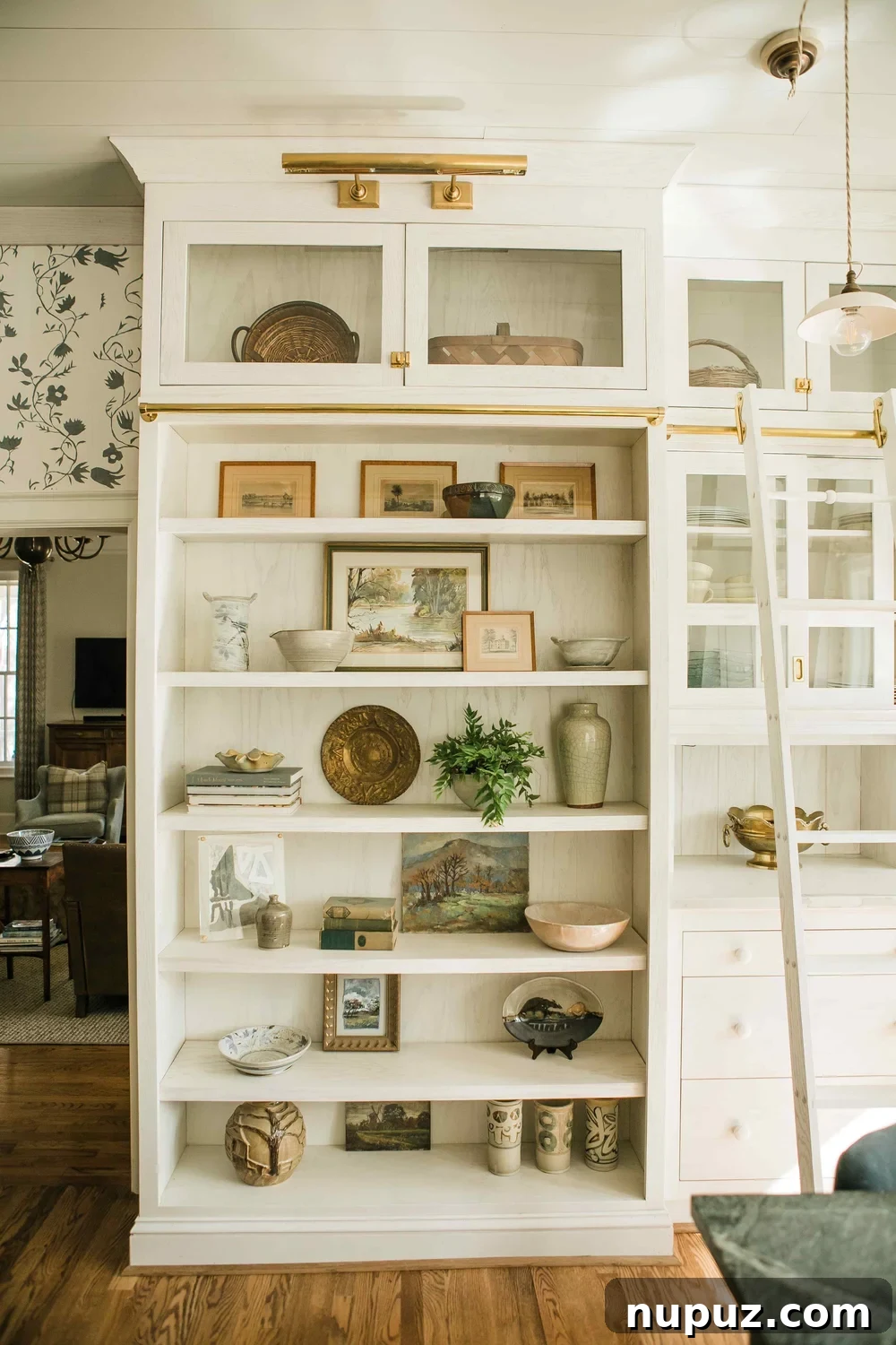 Infuse Your Kitchen with Personality Smart Design Solutions 5 Detailed view of charming library lights and decorative wallpaper in a Misfit House kitchen, showcasing Monica Stewart's design. Kristin Karch Photography.