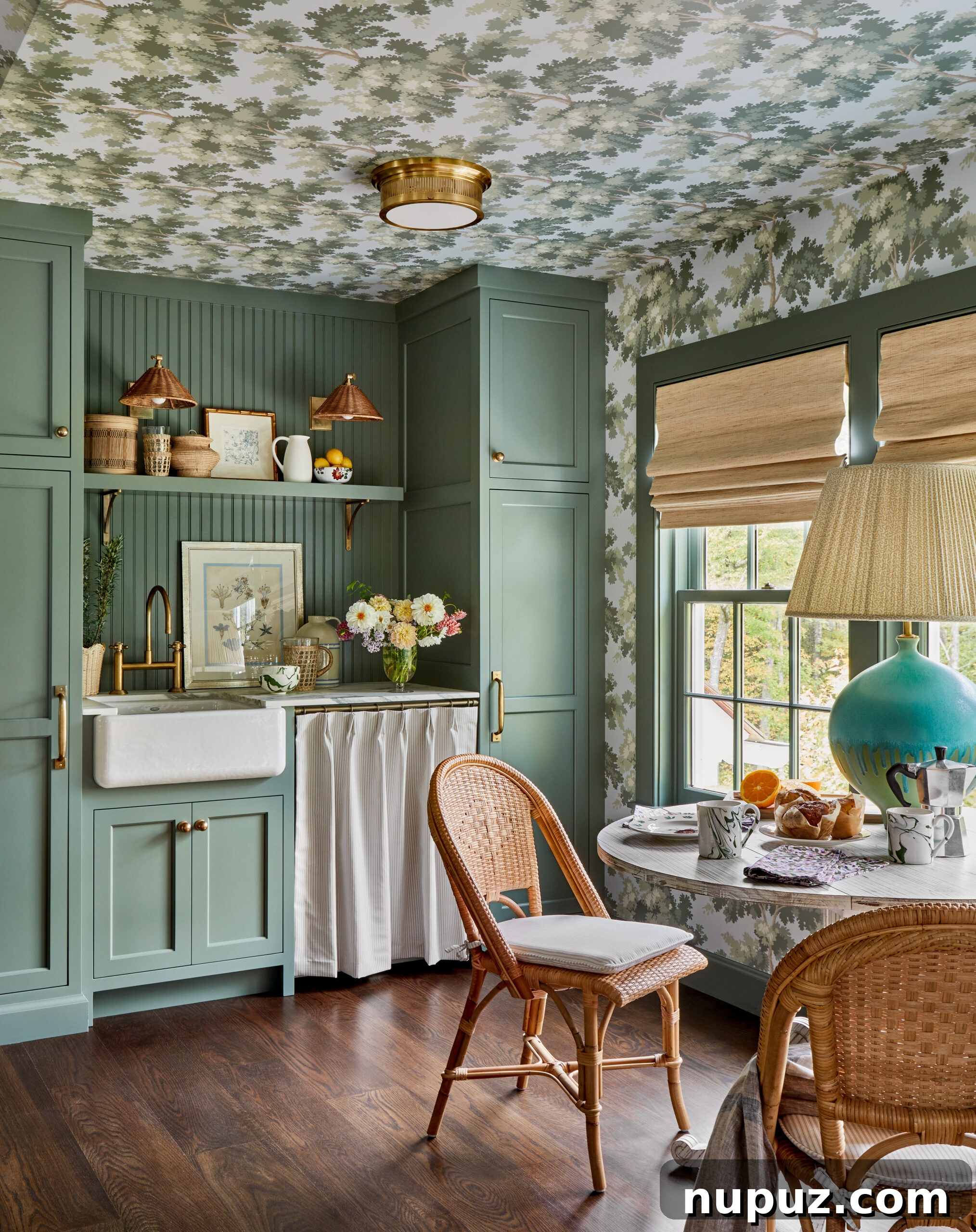 Gorgeous green breakfast room by Jennifer Hunter, featuring unique wallpaper on the ceiling, photographed by Rikki Snyder Photography.