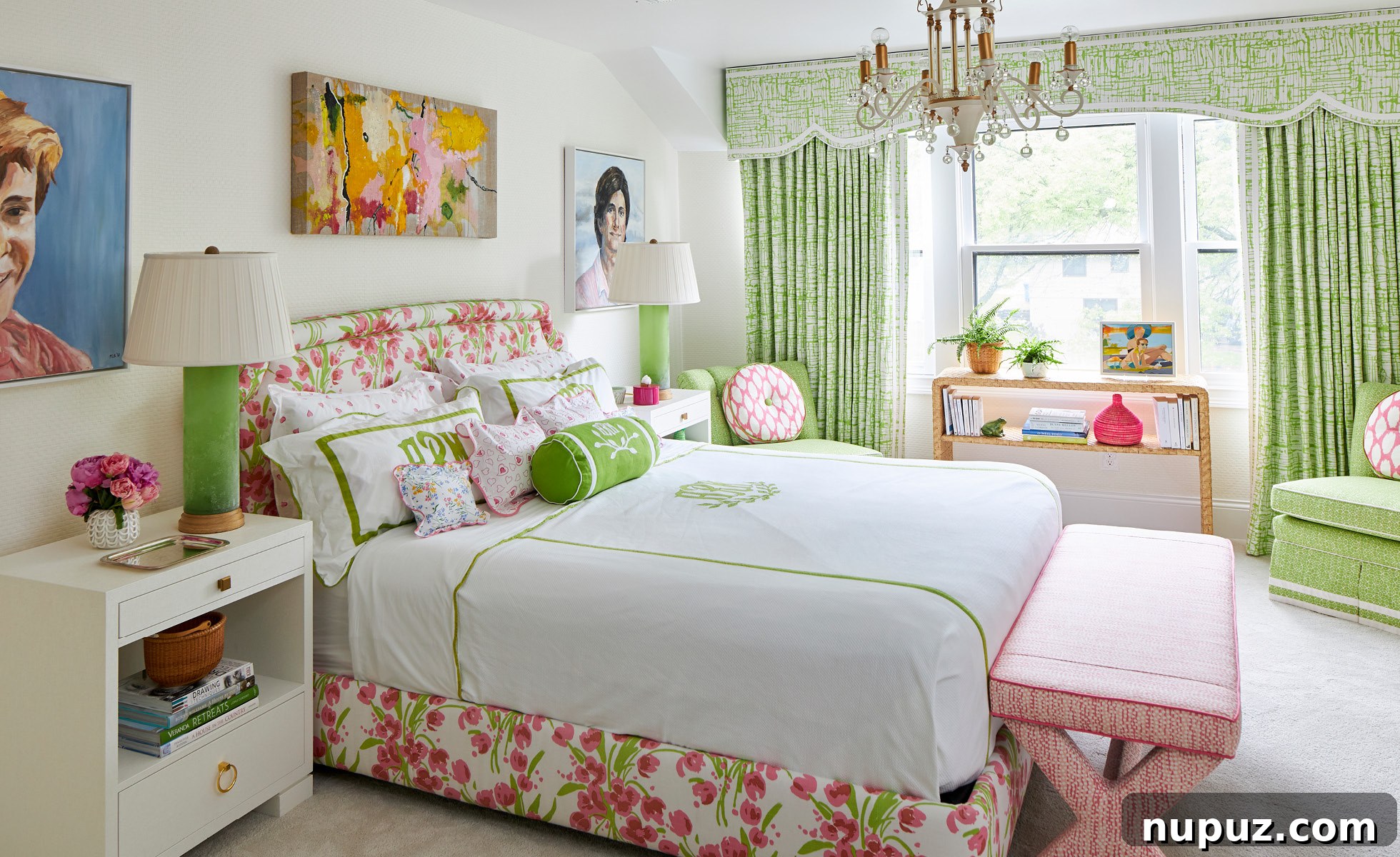 Charming pink and green bedroom with playful decor, a comfortable bed, and an inviting ambiance, designed by Amanda Reynal for a personalized retreat.