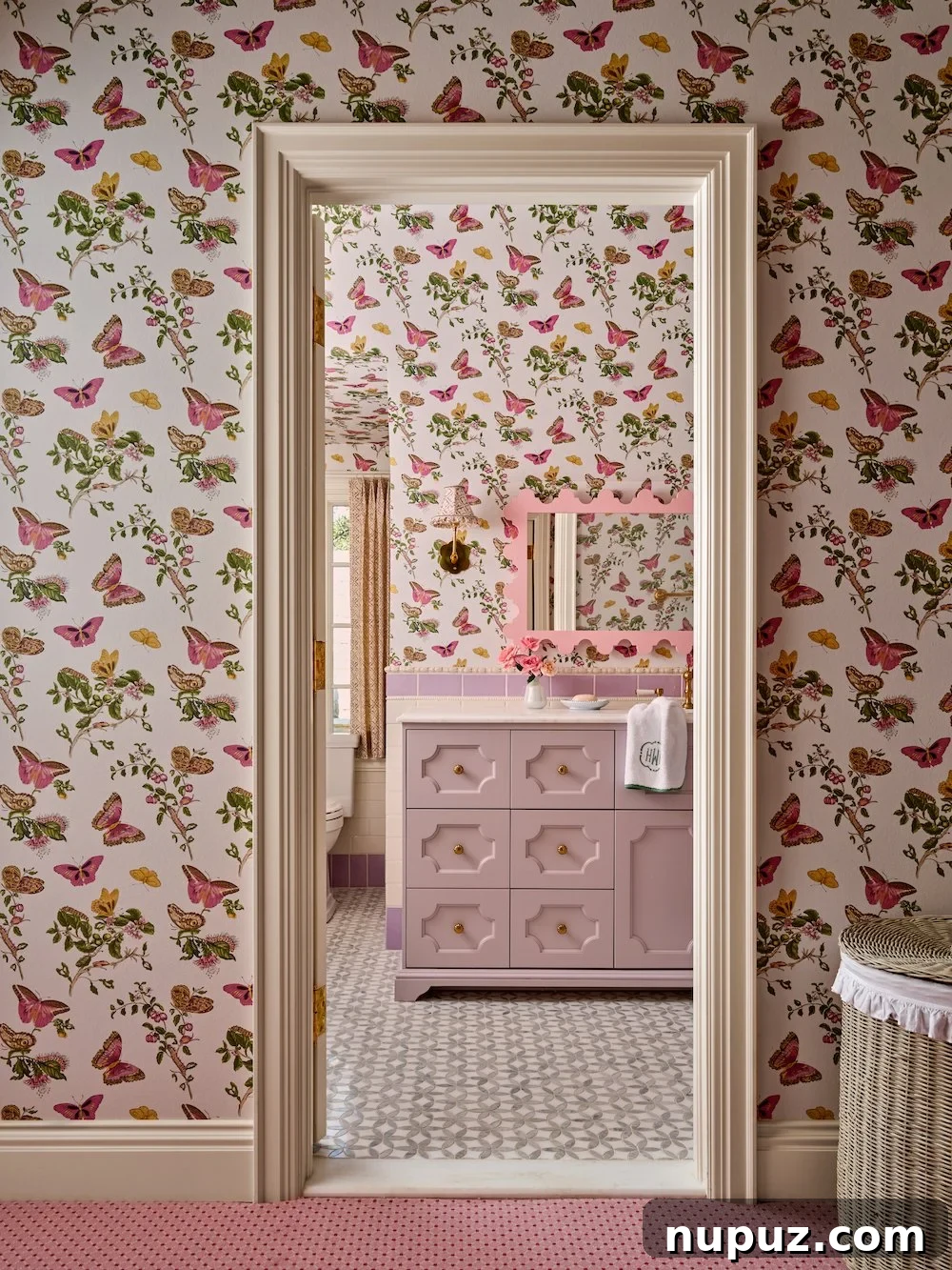 Whimsical butterfly wallpaper adding personality to a room, designed by Jenkins Interiors.