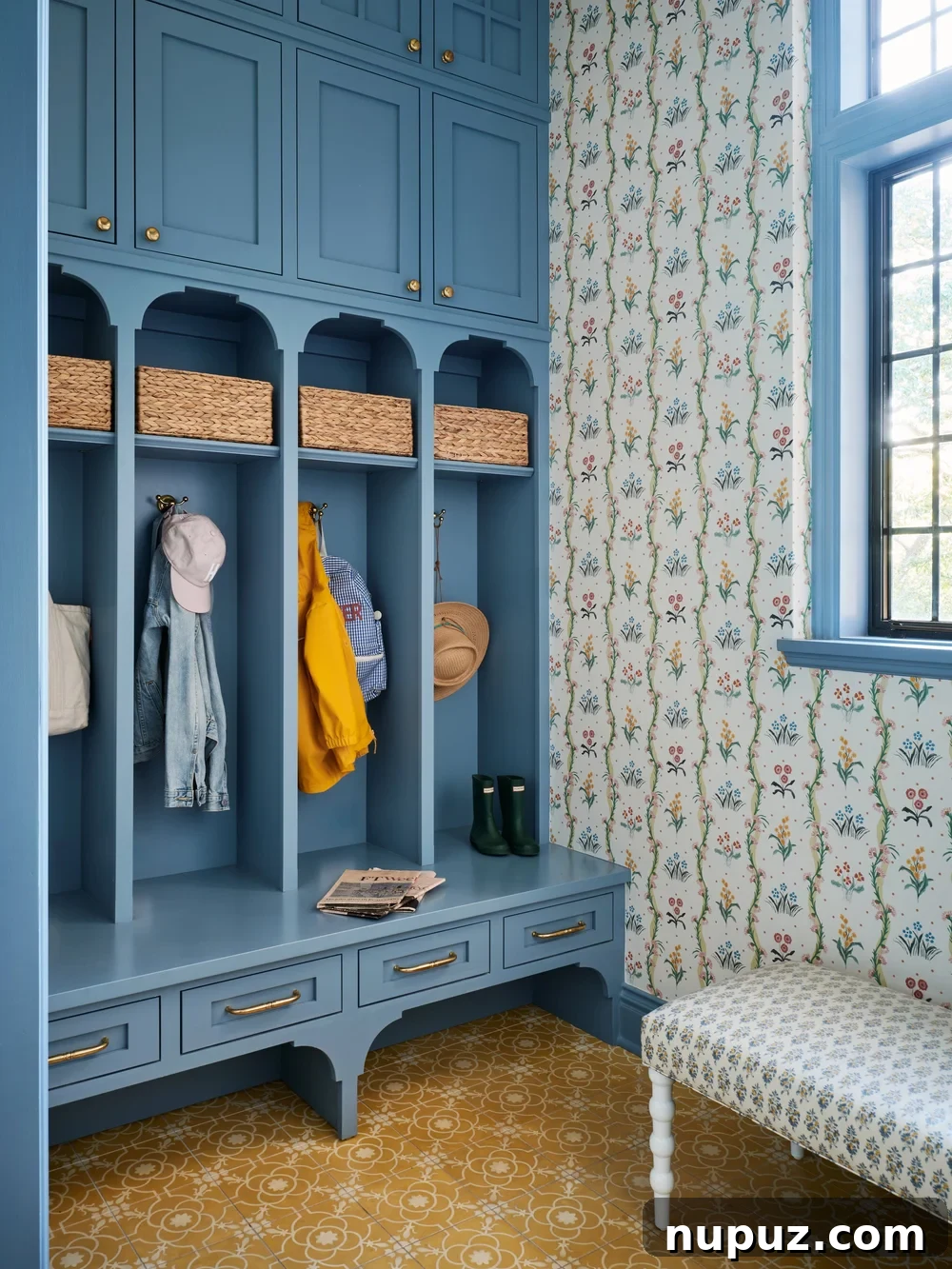 Moody blue mudroom with open shelves and charming wallpaper, a functional and stylish space by Jenkins Interiors.