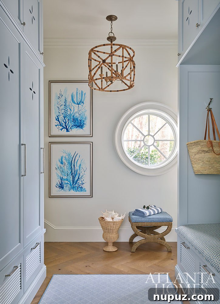 The stylish blue and white mudroom of the Sea Island home, featuring a Dutch door, tropical palm tree wallpaper, and a beautiful Currey & Co. bamboo light fixture.