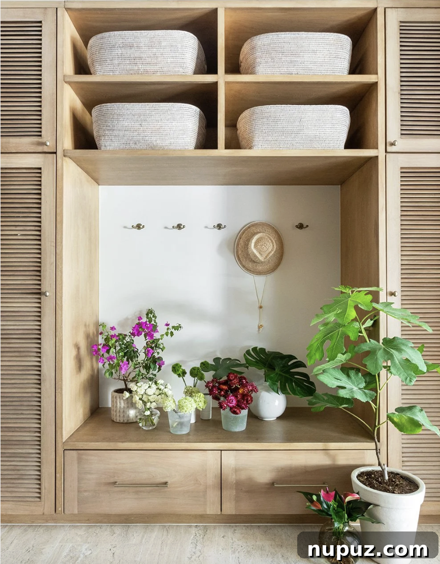 A. Wooten Interiors tarafından tasarlanmış Cabo tatil evinde, sepet depolama, pirinç kancalar ve panjurlu kapılarla şık bir çamur odası. Fotoğraf: Heidi Harris.