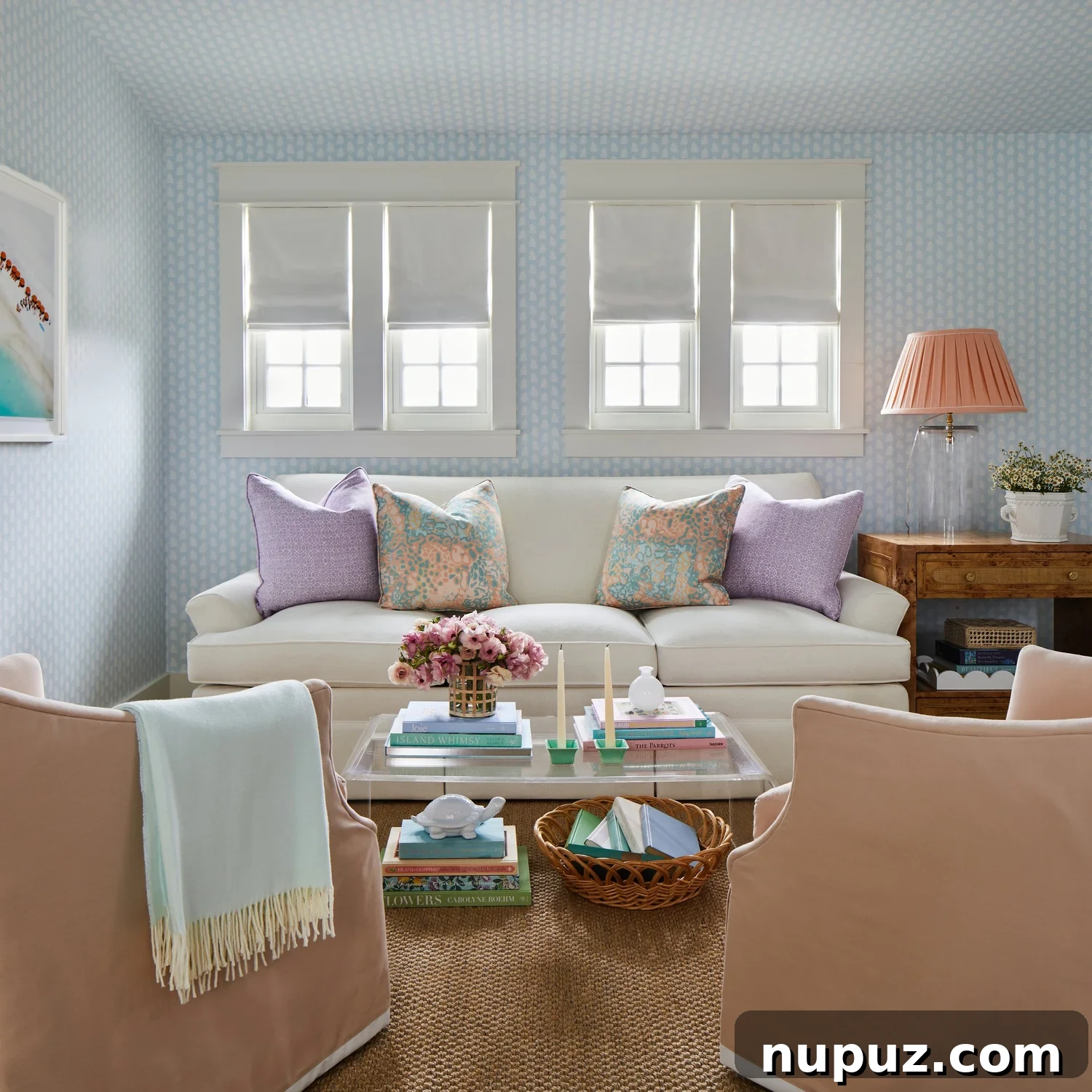 Breezy Blue and White Coastal Bliss 13 Elegant interior detail from the Kara Miller-designed beach house, emphasizing the sophisticated interplay of color and material.