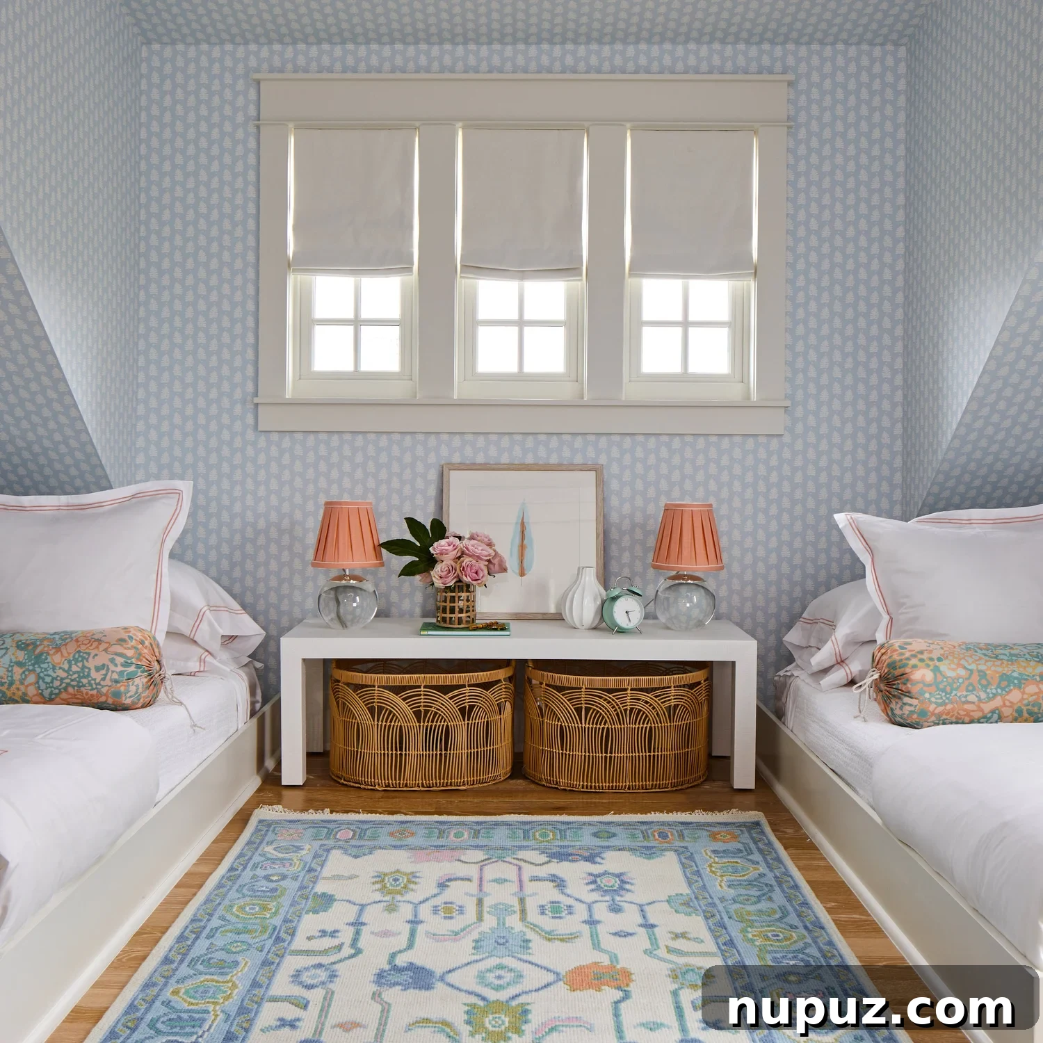 Breezy Blue and White Coastal Bliss 14 A welcoming entry or hallway in the Kara Miller beach house, showcasing the continuity of the blue and white coastal design.